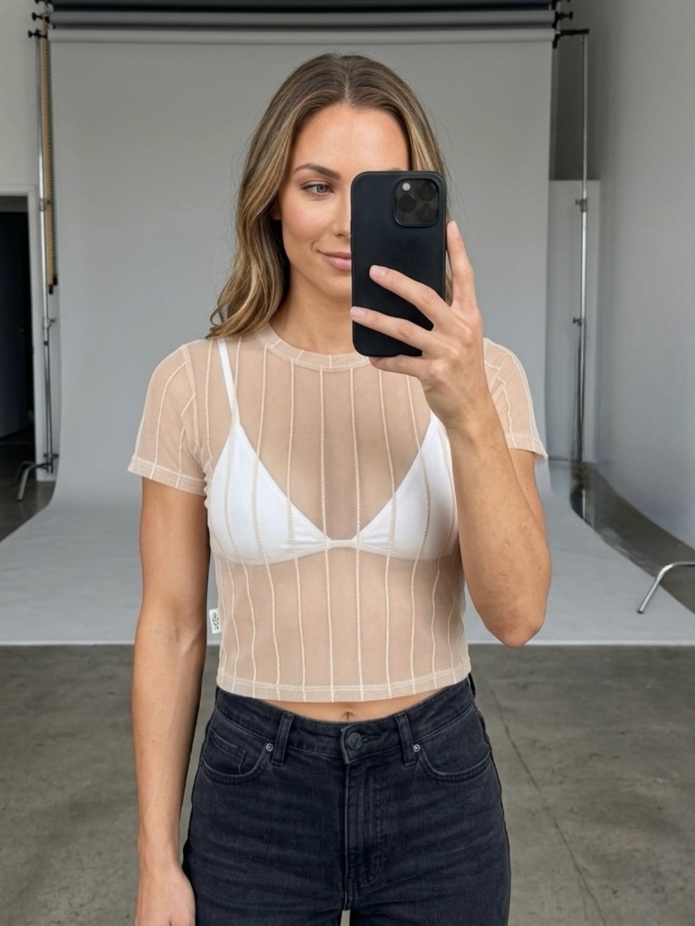 Forever 21 Beige Mesh Striped Crop Top – Size Medium